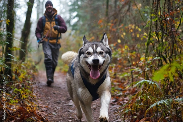Fototapeta A winding trail in a forest with light filtering through the trees, a man is walking his energetic husky, who is running ahead and exploring the surroundings
