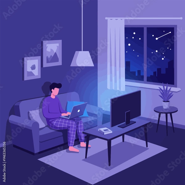 Fototapeta Person Using Laptop on Couch at Night in Apartment Scene