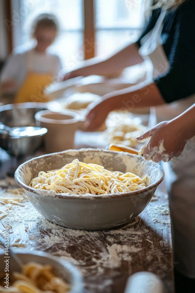 Obraz A bright kitchen with a bowl of fresh pasta in the center. A mother and father are rolling out dough while the kids prepare a sauce