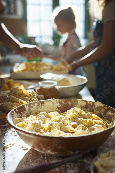 Obraz A bright kitchen with a bowl of fresh pasta in the center. A mother and father are rolling out dough while the kids prepare a sauce