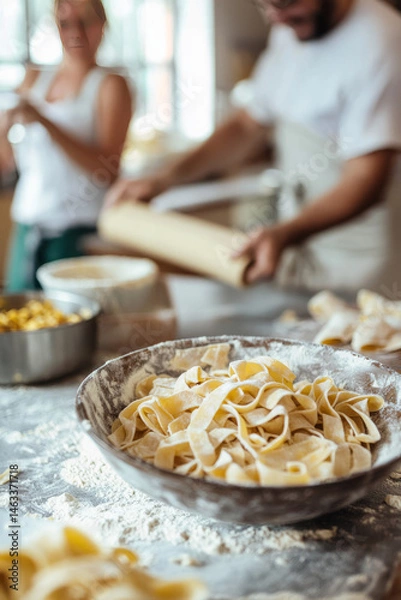 Obraz A bright kitchen with a bowl of fresh pasta in the center. A mother and father are rolling out dough while the kids prepare a sauce