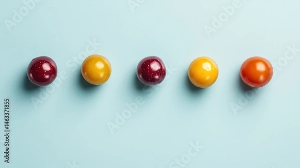 Fototapeta Colorful plums arranged in a row on a pastel background