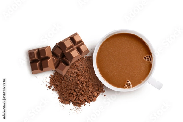 Fototapeta Cup of hot cocoa drink with cocoa powder and chocolate bars isolated on white background . top view