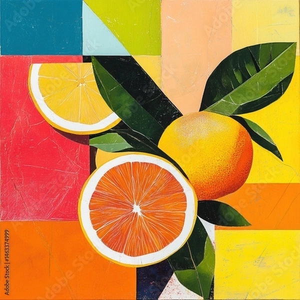 Fototapeta Vibrant citrus slices and leaves arranged in a geometric pattern of bold colors