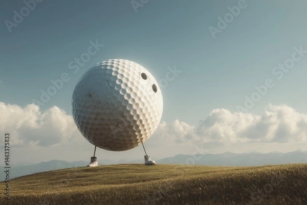 Obraz Large golf ball with legs on a grassy hilltop.