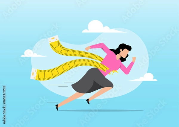 Fototapeta A woman in motion, running energetically while wrapped in a yellow measuring tape