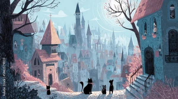 Obraz Charming, whimsical city view with black cats.