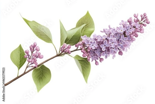 Fototapeta Illustration of a lilac branch with light purple flowers and green leaves