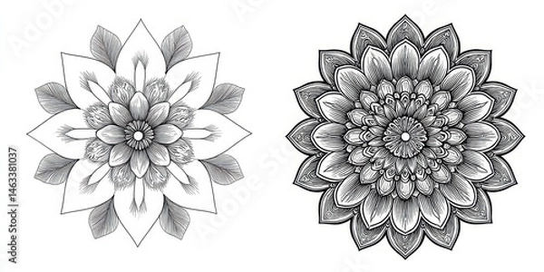 Obraz Two symmetrical intricate floral designs in grayscale.