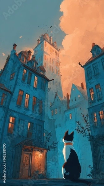 Obraz A stylized cityscape view featuring a seated cat.