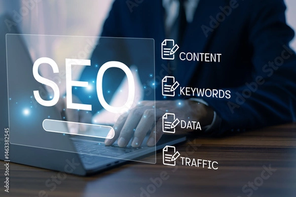 Obraz Businessman analyzing SEO performance using digital tools and data visualization to improve website traffic, keyword strategy, and content planning.