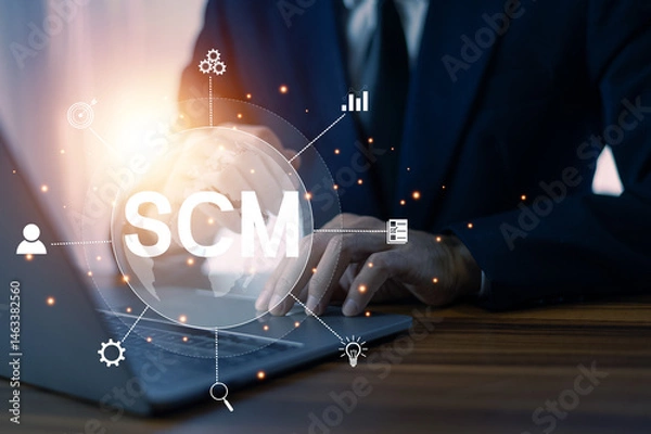 Obraz SCM Supply Chain Management. Businessman is optimizing the Supply Chain Management (SCM) process.