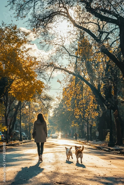 Obraz  A sunny morning with a few clouds in the sky, a woman is walking her dog, a corgi, down a tree-lined street, the dog happily wagging its tail