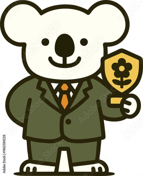 Fototapeta A Cheerful Cartoon Koala In A Suit Holds A Flower Award Rendered With Clean Vector Style Lines