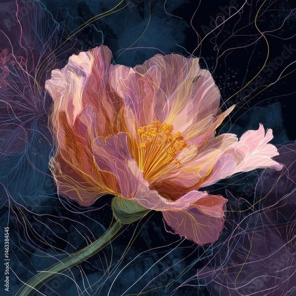 Obraz Delicate,  pink floral illustration on a dark background.