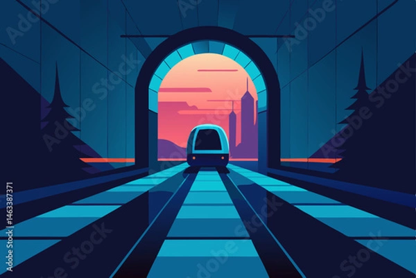 Fototapeta a futuristic tram emerging from a tunnel into neon 