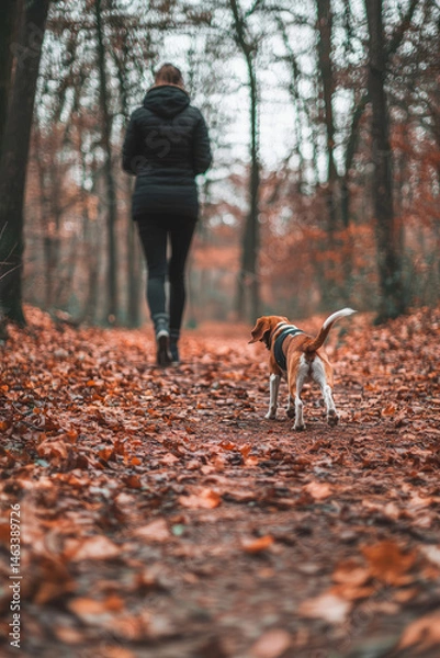 Obraz A wooded path with fallen leaves scattered across the ground, a person is walking their dog, a beagle, through the woods as the dog sniffs along the trail