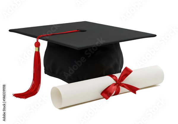 Fototapeta Classic graduation cap with red tassel and rolled diploma tied with a red ribbon, symbolizing achievement and academic success isolated on white or transparent background. PNG