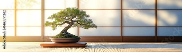 Fototapeta Minimalist bonsai tree on a tatami mat in a traditional Japanese room soft diffused light through shoji screens creating a peaceful and contemplative setting