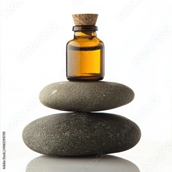 Obraz Essential oil bottle on stacked stones isolated on white background
