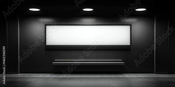 Fototapeta Modern Minimalist Interior Design: Blank Billboard and Bench in Dark Hallway