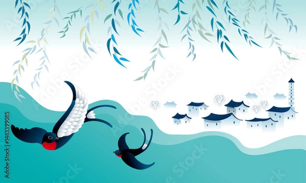 Obraz Two swallows flying under willows. Vector, with plain color background.