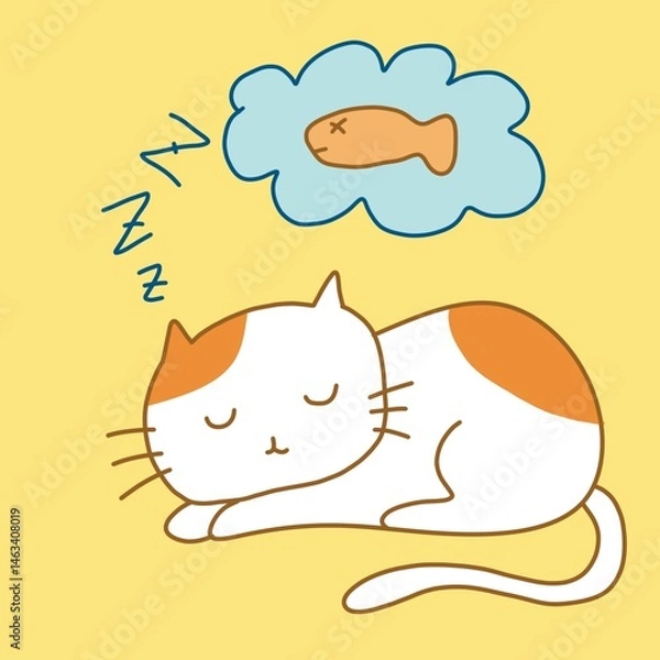 Fototapeta Digital illustration of a white cat with orange patches, peacefully sleeping and dreaming of fish. Set against a bright yellow background, evoking warmth and charm.