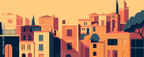 Fototapeta Colorful geometric cityscape with warm tones in urban setting.