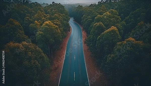 Fototapeta Aerial View of a Winding Road Through a Lush Green Forest