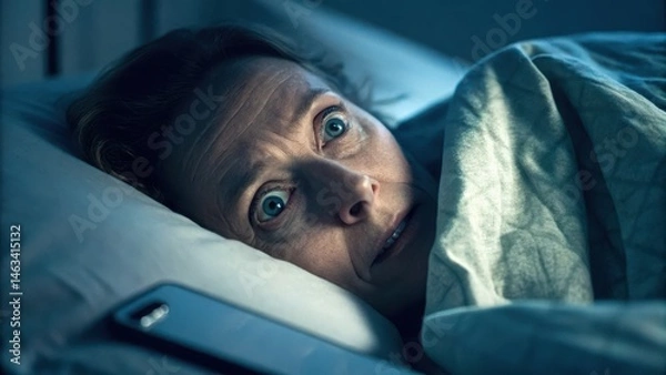 Fototapeta A woman lies in bed at night, eyes wide open in fear, illuminated by blue light with a phone beside her on the pillow.