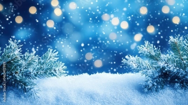 Fototapeta Snow-covered branches on a wintery night with bokeh lights in the background.