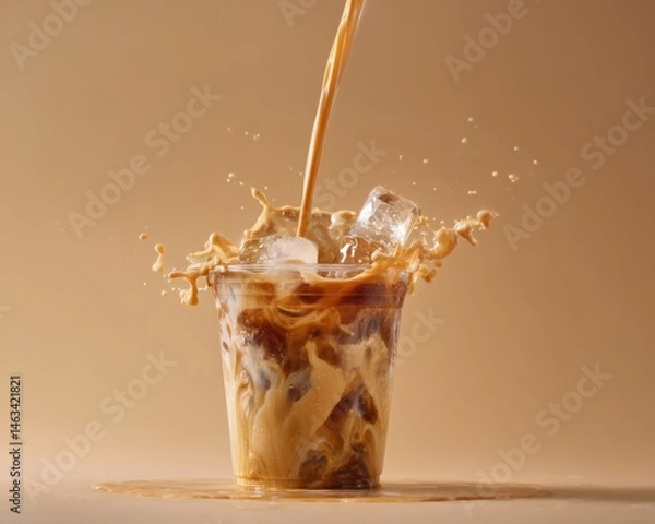 Fototapeta Close-up of caramel iced latte in a transparent cup showcasing swirling coffee texture blending with creamy milk, condensation droplets on the glass surface, commercial product photography