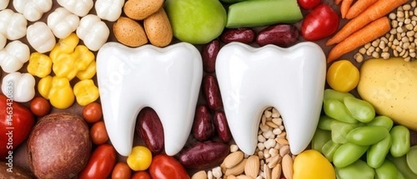 Obraz Healthy foods for strong teeth colorful fruits vegetables and nuts