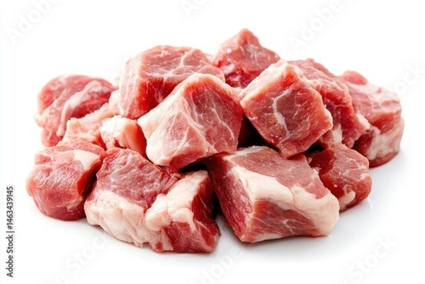 Fototapeta Pile of raw pork cubes with visible fat isolated on white background