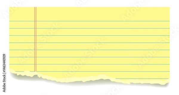 Fototapeta Torn legal pad paper piece vector background. Ripped yellow lined page design element. Realistic notepad paper fragment template with copy space