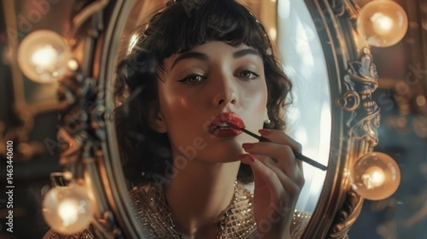 Obraz Woman applying lipstick in vintage mirror (1)