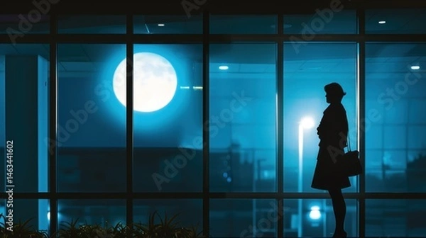 Obraz Woman gazing at full moon through building windows at night