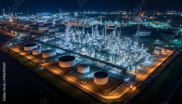 Obraz Aerial view of a vast industrial complex illuminated at night with bright lights and storage tanks.