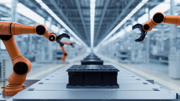 Obraz Automated robotic arms precisely place objects on a conveyor belt in a modern factory setting.