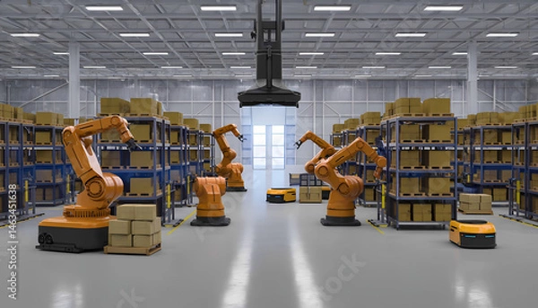 Obraz Automated robots work in a modern warehouse, moving packages, with bright lights, and shelves.