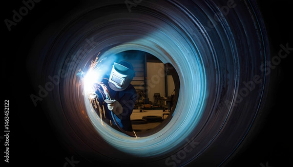 Obraz Focused welder expertly joins large metal pipe sections with bright, intense sparks inside factory.