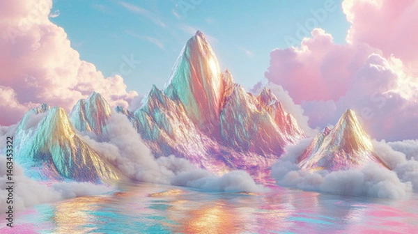 Obraz A mountain range made of gold, silver, and colorful metals is covered in white clouds. 