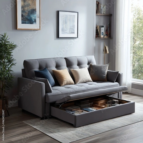 Fototapeta Upgrade your space with this stylish convertible sofa bed featuring hidden storage! Perfect for small apartments, guests, or extra storage. Space-saving, multifunctional, and sleek design for modern 