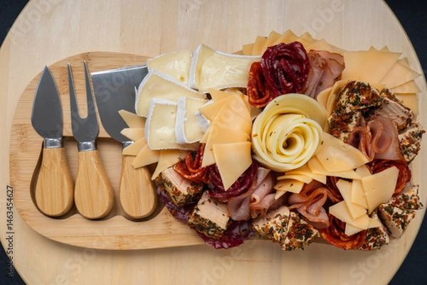 Fototapeta Wooden charcuterie cheese board holiday present idea. Snack starter plate for dinner with wine. Italian appetizers or antipasto set with gourmet food. Buffet party concept