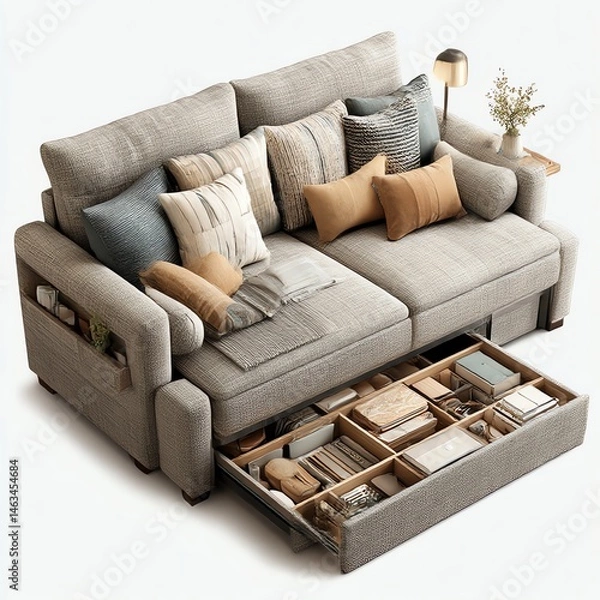 Fototapeta Upgrade your space with this stylish convertible sofa bed featuring hidden storage! Perfect for small apartments, guests, or extra storage. Space-saving, multifunctional, and sleek design for modern 