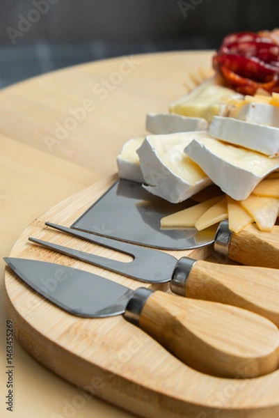 Fototapeta Cheese and meat charcuterie board. Gift present idea, dinner lunch plate. Minimal effort visually pleasing snacks. Simple meal preparation with special cheese knives. Wooden board