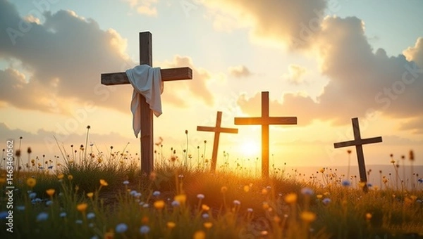 Fototapeta three weathered wooden crosses silhouetted sunset on a grassy hilltop with a white cloth draped across top