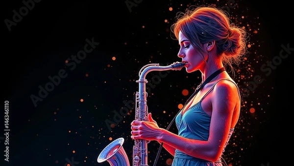 Fototapeta close-up lady playing a saxophone in a unique technique illustration strokes and lines different colors merges background is dark