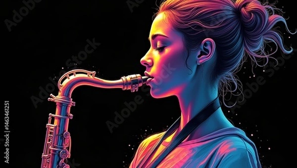 Fototapeta close-up image of a lady playing a saxophone in a unique technique of strokes and lines different colors merges background is dark