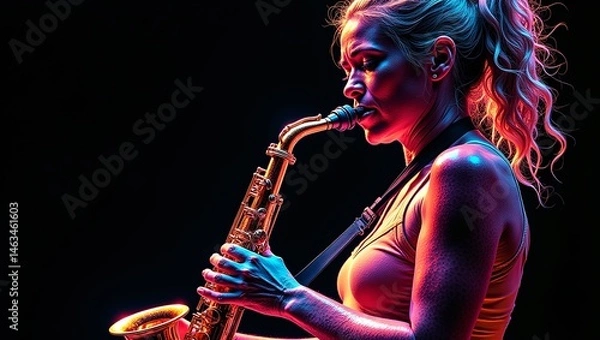 Fototapeta close-up lady playing a saxophone art illustration strokes and lines different colors merges background is dark